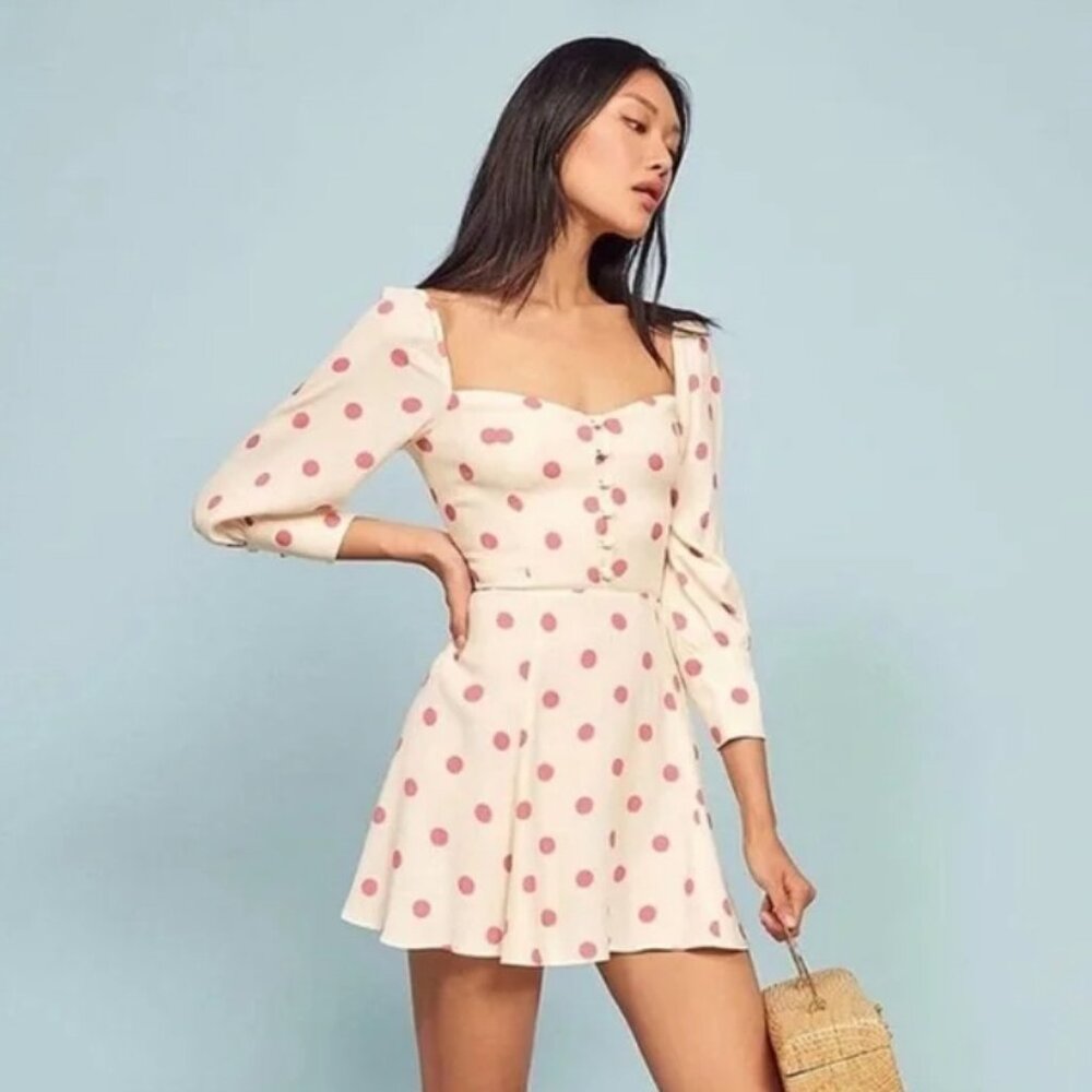 Reformation Lumiere White and Pink Polka Dot Dress